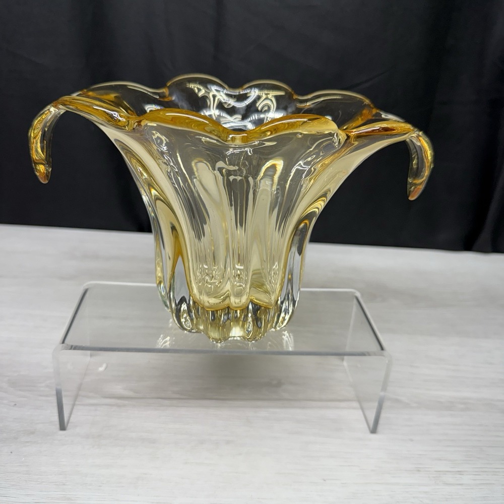 Vintage Murano Style Bowl Amber Free Form Handblown Art Glass Vase 8x6 MCM